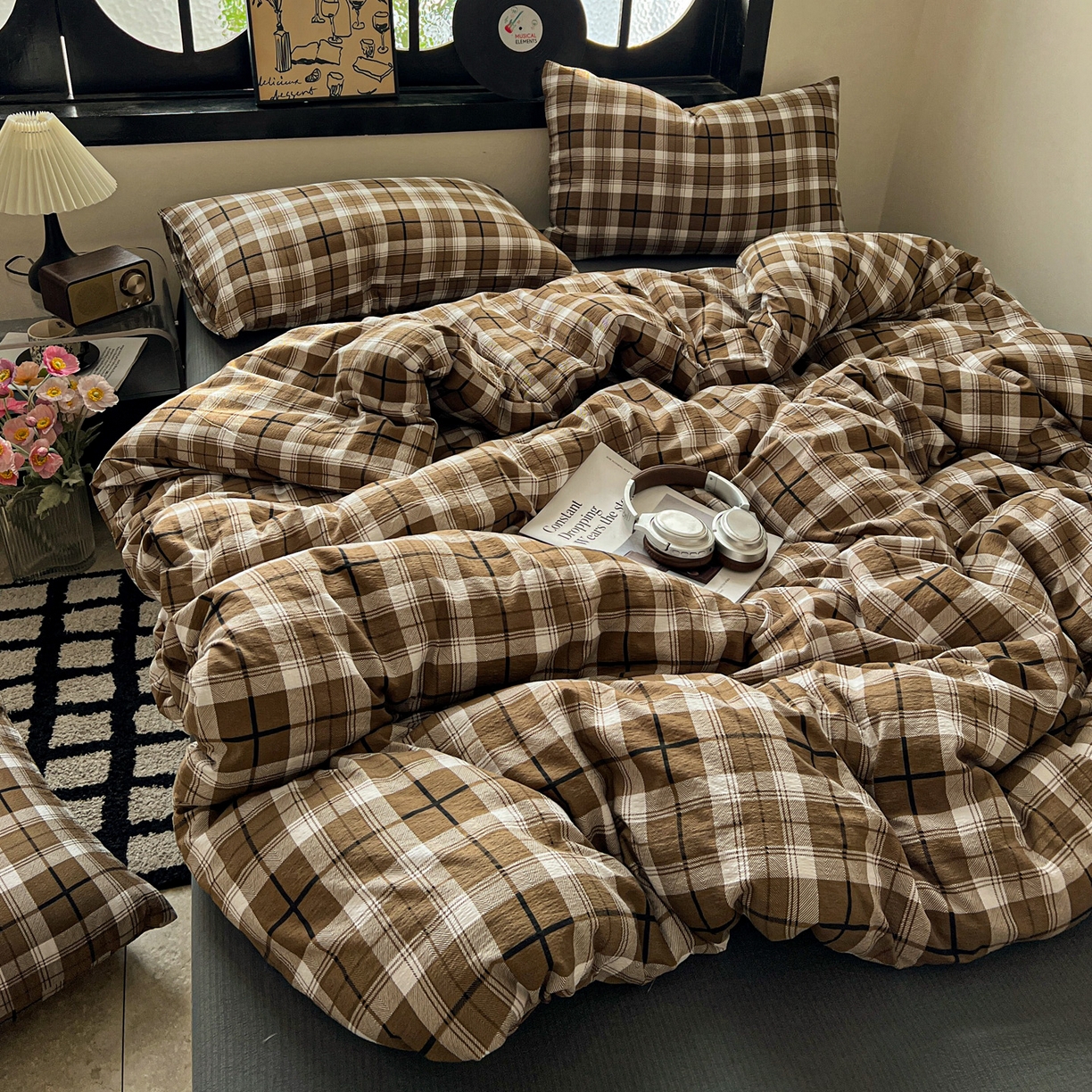 91家纺网 家纺一手货源 找家纺 花伞家居 2026新款中古风双层纱简约格纹系列（提供买家秀） 中古森系