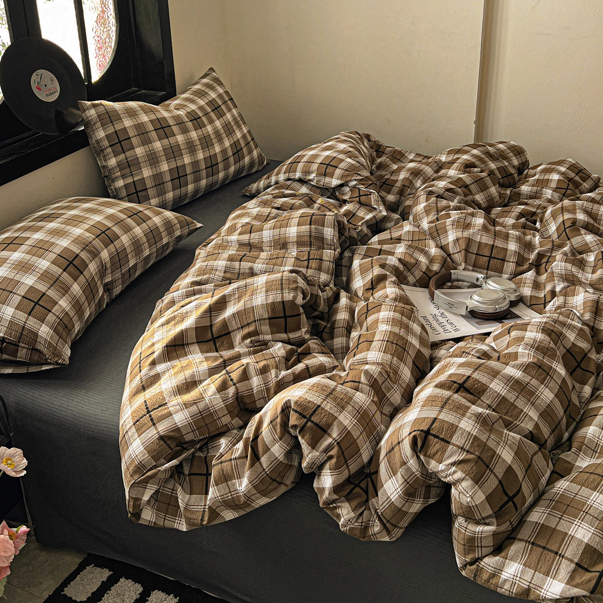 91家纺网 家纺一手货源 找家纺 花伞家居 2026新款中古风双层纱简约格纹系列（提供买家秀） 中古森系