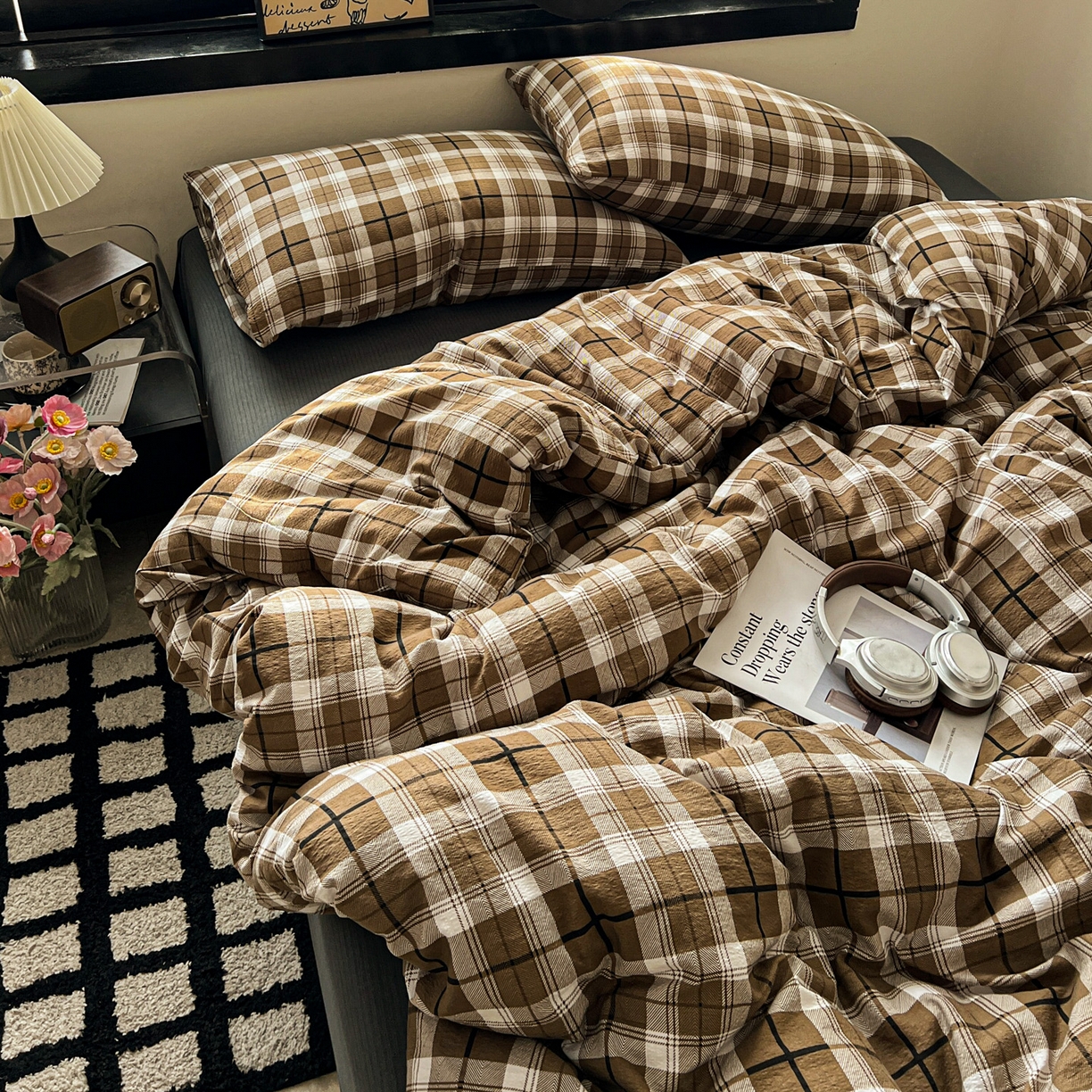 91家纺网 家纺一手货源 找家纺 花伞家居 2026新款中古风双层纱简约格纹系列（提供买家秀） 中古森系