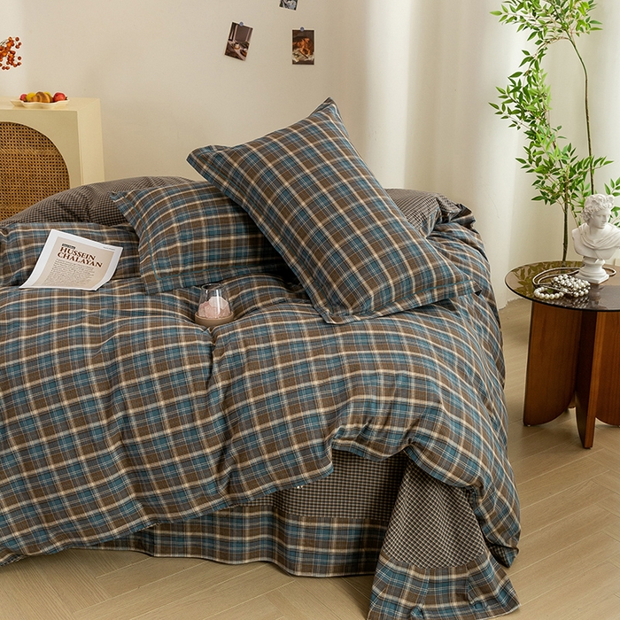 91家纺网 家纺一手货源 找家纺 喜四方 2026新款全棉色织水洗棉四件套 苏格兰（兰咖）