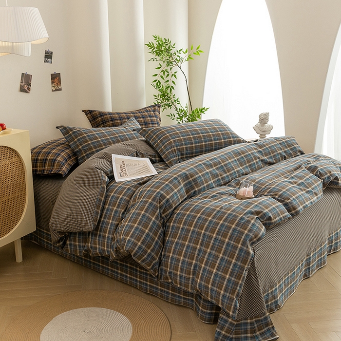 91家纺网 家纺一手货源 找家纺 喜四方 2026新款全棉色织水洗棉四件套 苏格兰（兰咖）