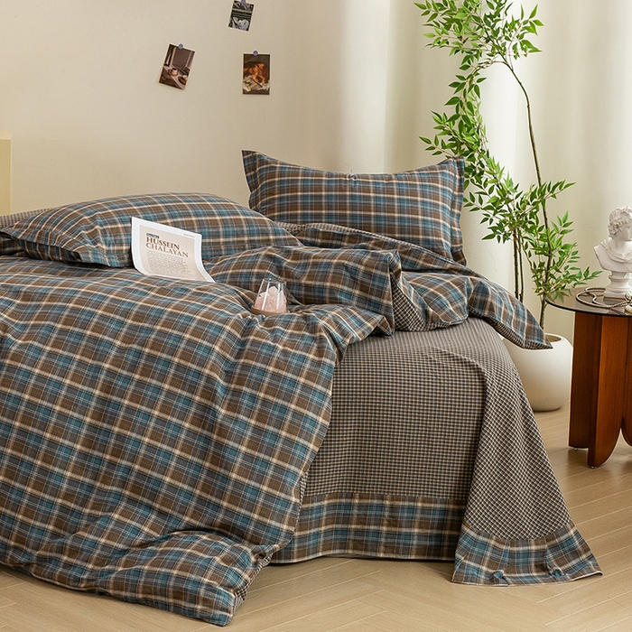 91家纺网 家纺一手货源 找家纺 喜四方 2026新款全棉色织水洗棉四件套 苏格兰（兰咖）