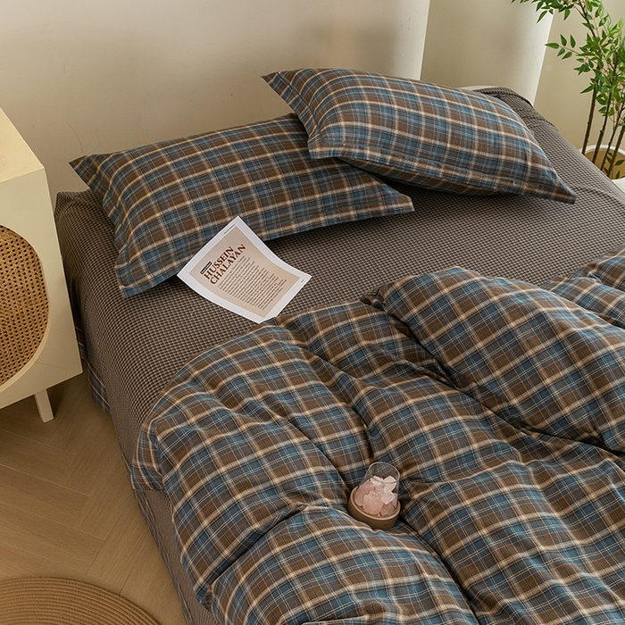 91家纺网 家纺一手货源 找家纺 喜四方 2026新款全棉色织水洗棉四件套 苏格兰（兰咖）