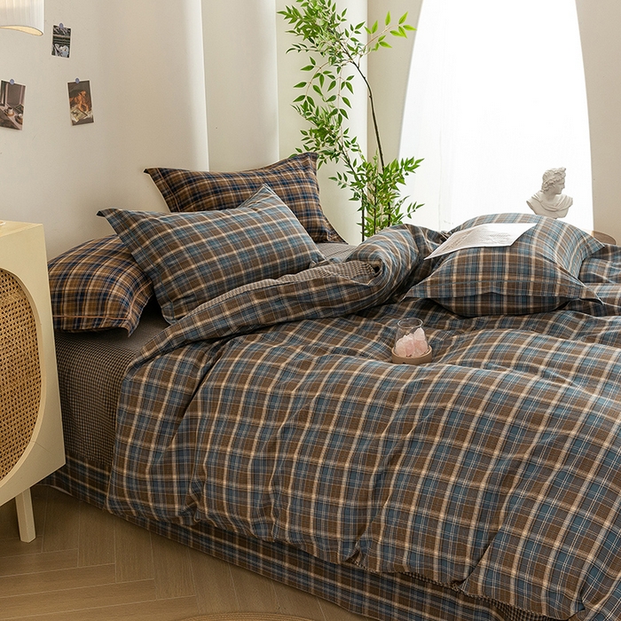 91家纺网 家纺一手货源 找家纺 喜四方 2026新款全棉色织水洗棉四件套 苏格兰（兰咖）