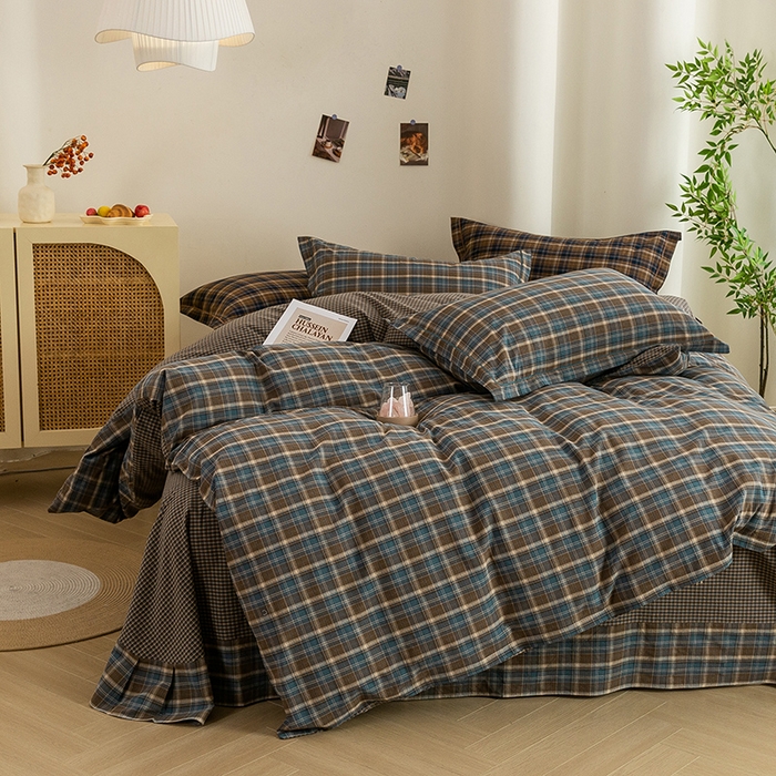 91家纺网 家纺一手货源 找家纺 喜四方 2026新款全棉色织水洗棉四件套 苏格兰（兰咖）