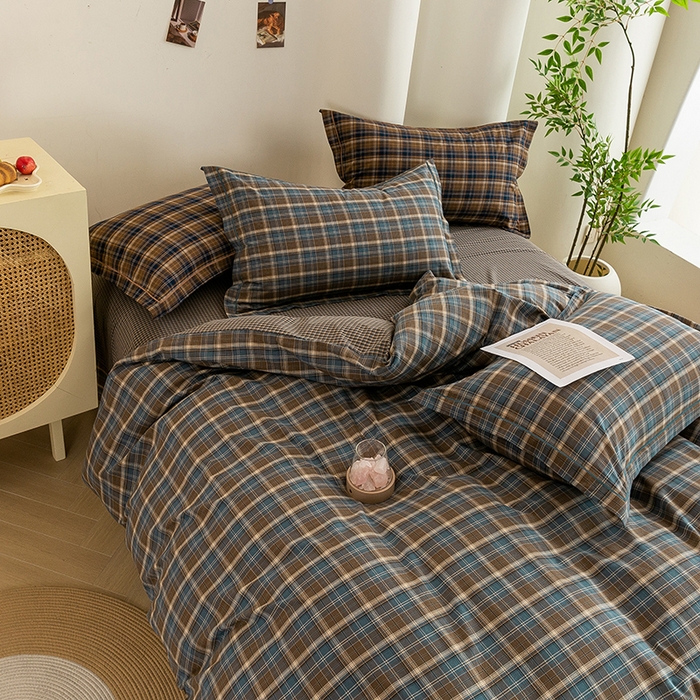 91家纺网 家纺一手货源 找家纺 喜四方 2026新款全棉色织水洗棉四件套 苏格兰（兰咖）