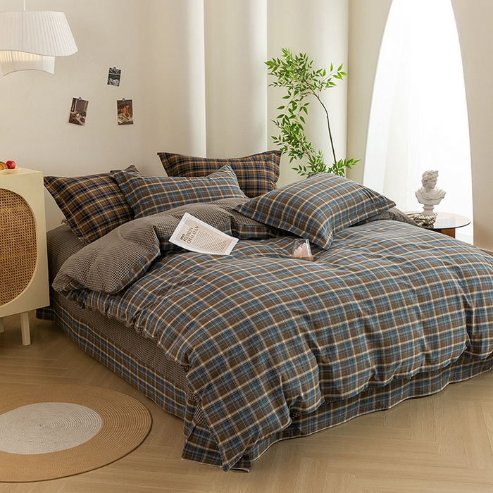 91家纺网 家纺一手货源 找家纺 喜四方 2026新款全棉色织水洗棉四件套 苏格兰（兰咖）