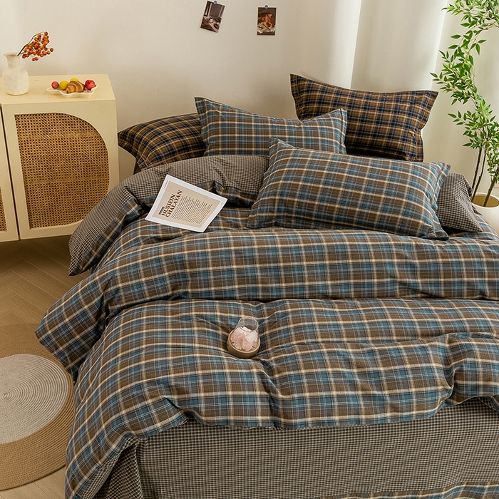 91家纺网 家纺一手货源 找家纺 喜四方 2026新款全棉色织水洗棉四件套 苏格兰（兰咖）