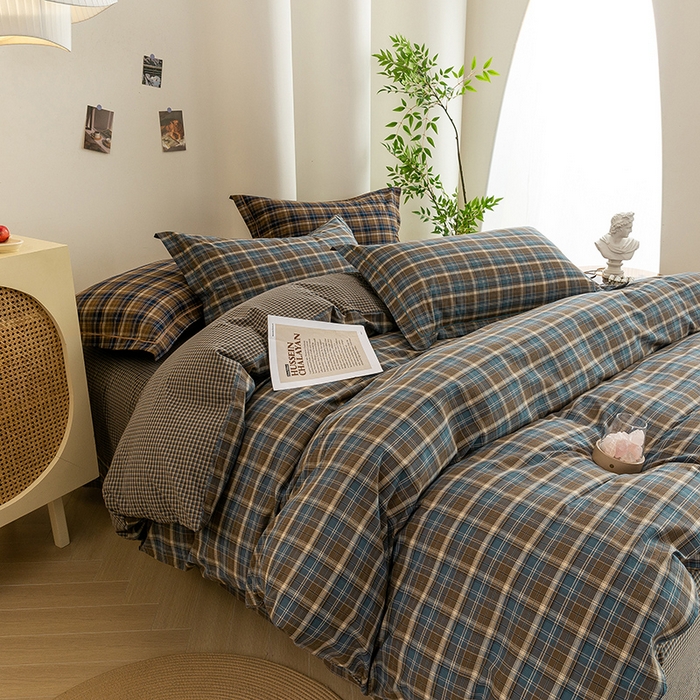 91家纺网 家纺一手货源 找家纺 喜四方 2026新款全棉色织水洗棉四件套 苏格兰（兰咖）