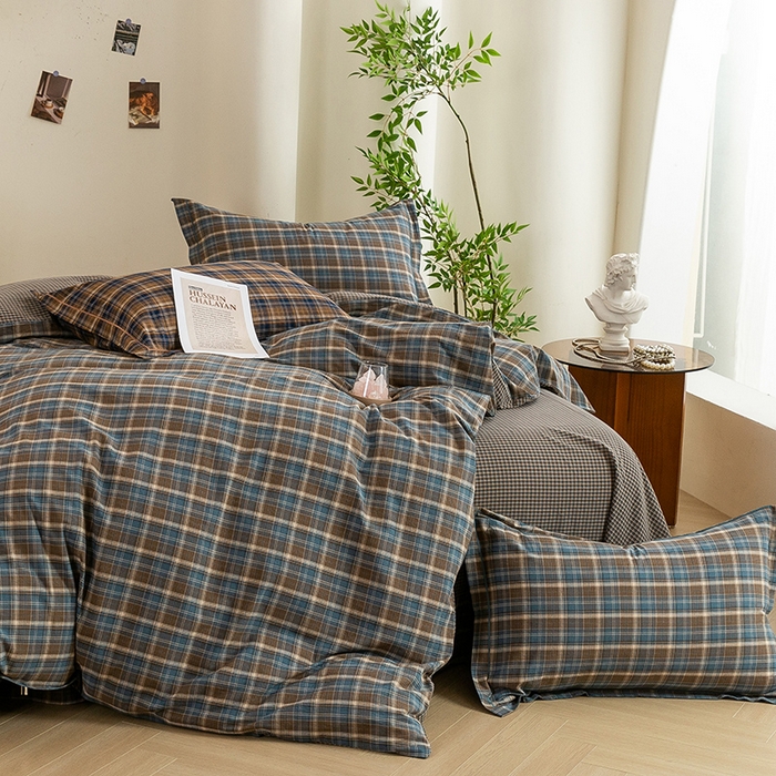 91家纺网 家纺一手货源 找家纺 喜四方 2026新款全棉色织水洗棉四件套 苏格兰（兰咖）