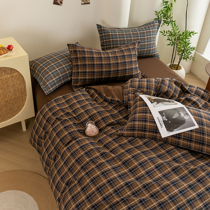 91家纺网 家纺一手货源 找家纺 喜四方 2026新款全棉色织水洗棉四件套 苏格兰（紫咖）