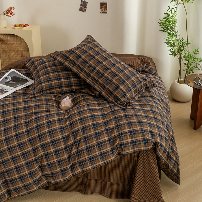 91家纺网 家纺一手货源 找家纺 喜四方 2026新款全棉色织水洗棉四件套 苏格兰（紫咖）