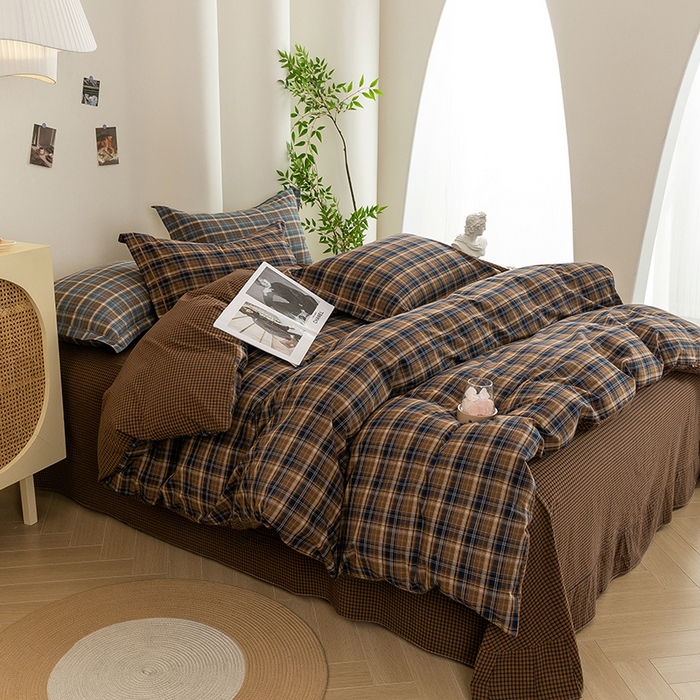 91家纺网 家纺一手货源 找家纺 喜四方 2026新款全棉色织水洗棉四件套 苏格兰（紫咖）