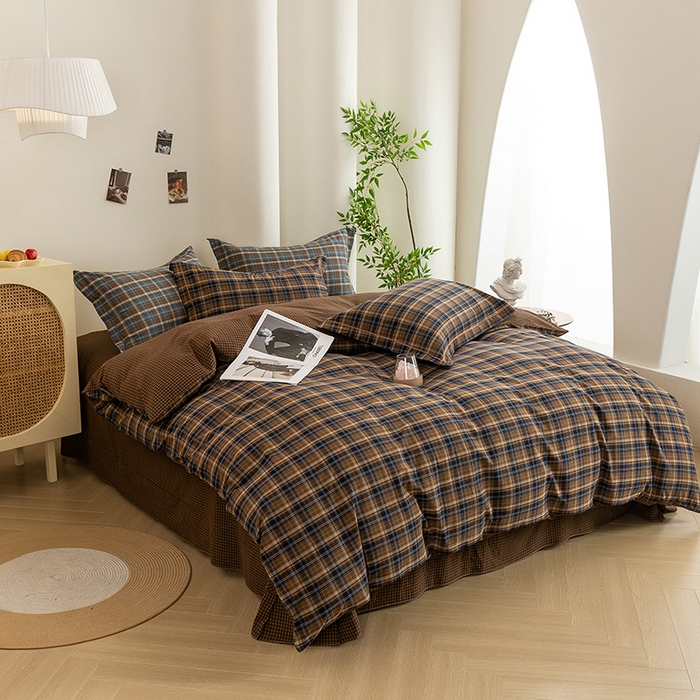 91家纺网 家纺一手货源 找家纺 喜四方 2026新款全棉色织水洗棉四件套 苏格兰（紫咖）