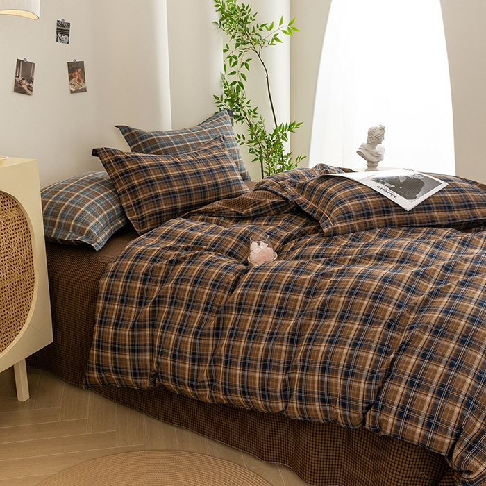 91家纺网 家纺一手货源 找家纺 喜四方 2026新款全棉色织水洗棉四件套 苏格兰（紫咖）