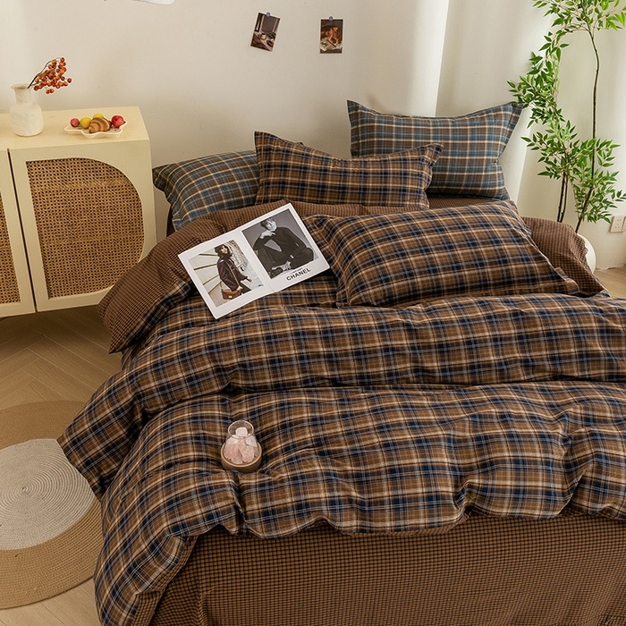 91家纺网 家纺一手货源 找家纺 喜四方 2026新款全棉色织水洗棉四件套 苏格兰（紫咖）