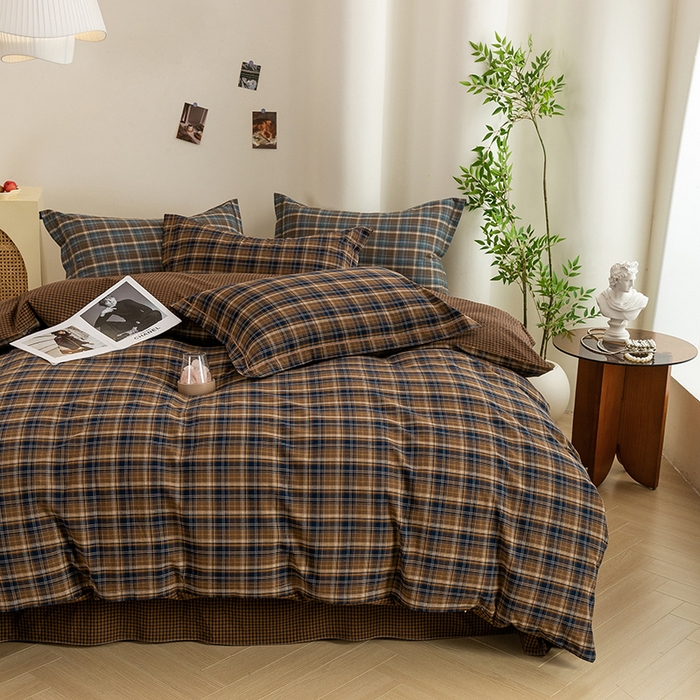 91家纺网 家纺一手货源 找家纺 喜四方 2026新款全棉色织水洗棉四件套 苏格兰（紫咖）