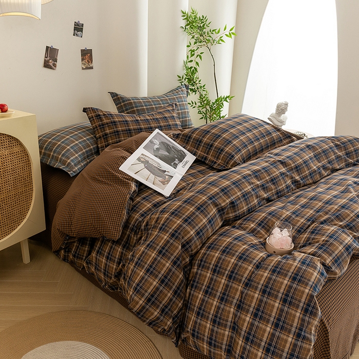 91家纺网 家纺一手货源 找家纺 喜四方 2026新款全棉色织水洗棉四件套 苏格兰（紫咖）