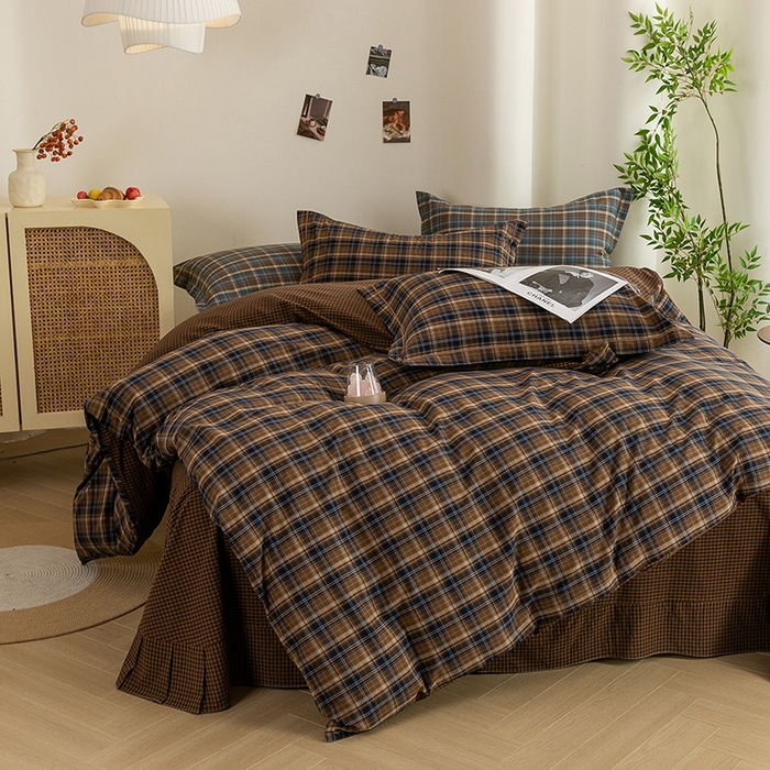 91家纺网 家纺一手货源 找家纺 喜四方 2026新款全棉色织水洗棉四件套 苏格兰（紫咖）