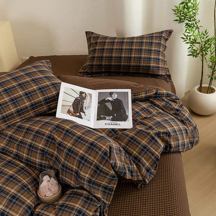 91家纺网 家纺一手货源 找家纺 喜四方 2026新款全棉色织水洗棉四件套 苏格兰（紫咖）