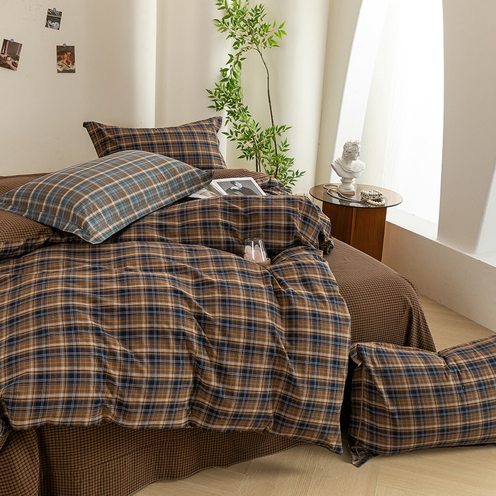 91家纺网 家纺一手货源 找家纺 喜四方 2026新款全棉色织水洗棉四件套 苏格兰（紫咖）