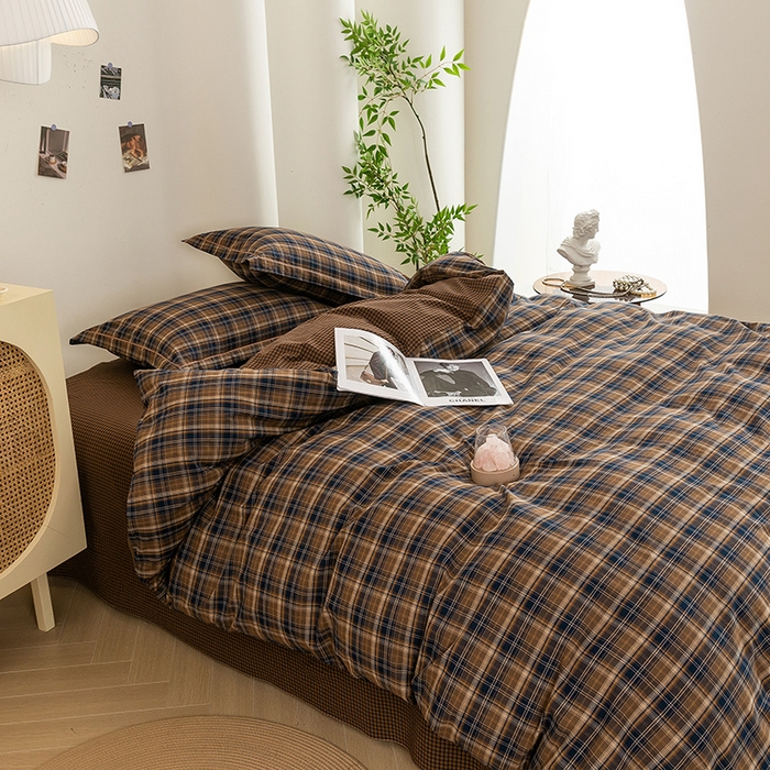 91家纺网 家纺一手货源 找家纺 喜四方 2026新款全棉色织水洗棉四件套 苏格兰（紫咖）