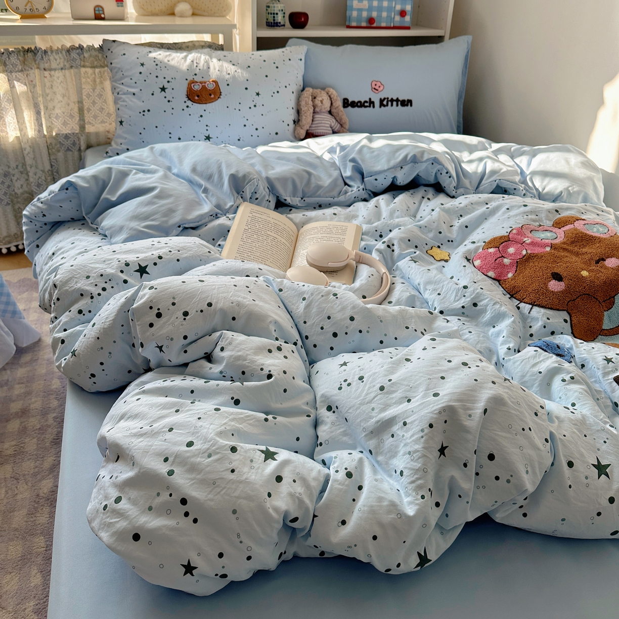 91家纺网 家纺一手货源 找家纺 初念 2026新款2026超软糯可爱系毛巾绣四件套系列提供买家秀 kt猫派对