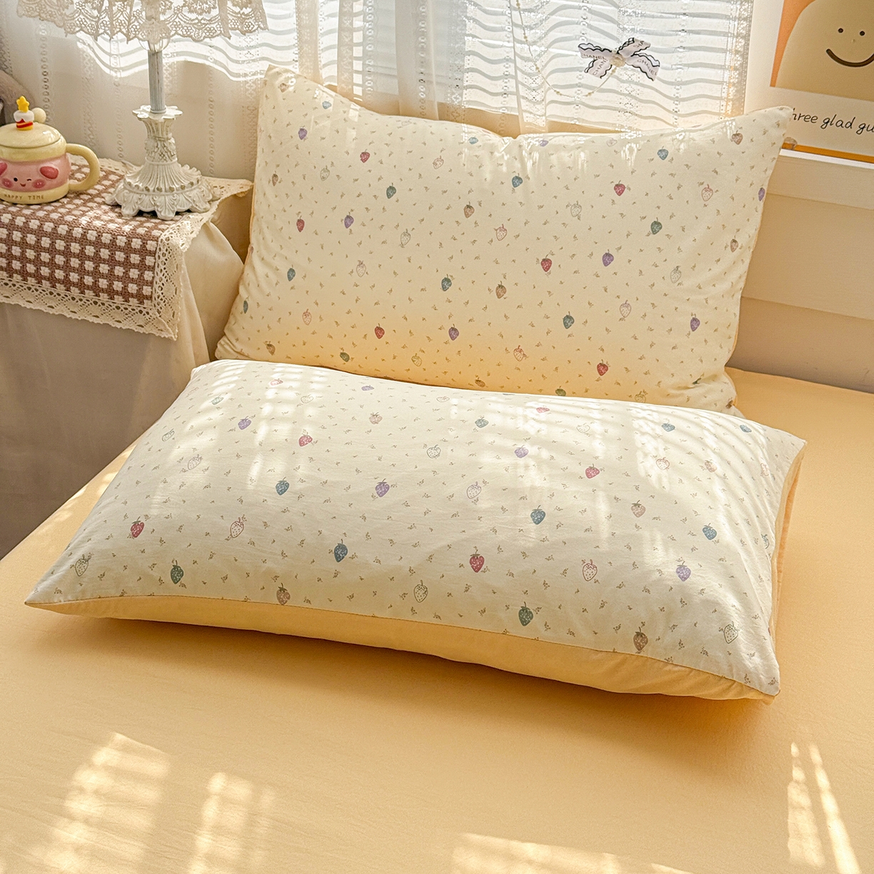 91家纺网 家纺一手货源 找家纺 名品家纺 2026新款古法水洗仿棉云感纱四件套 提供买家秀 彩色草莓