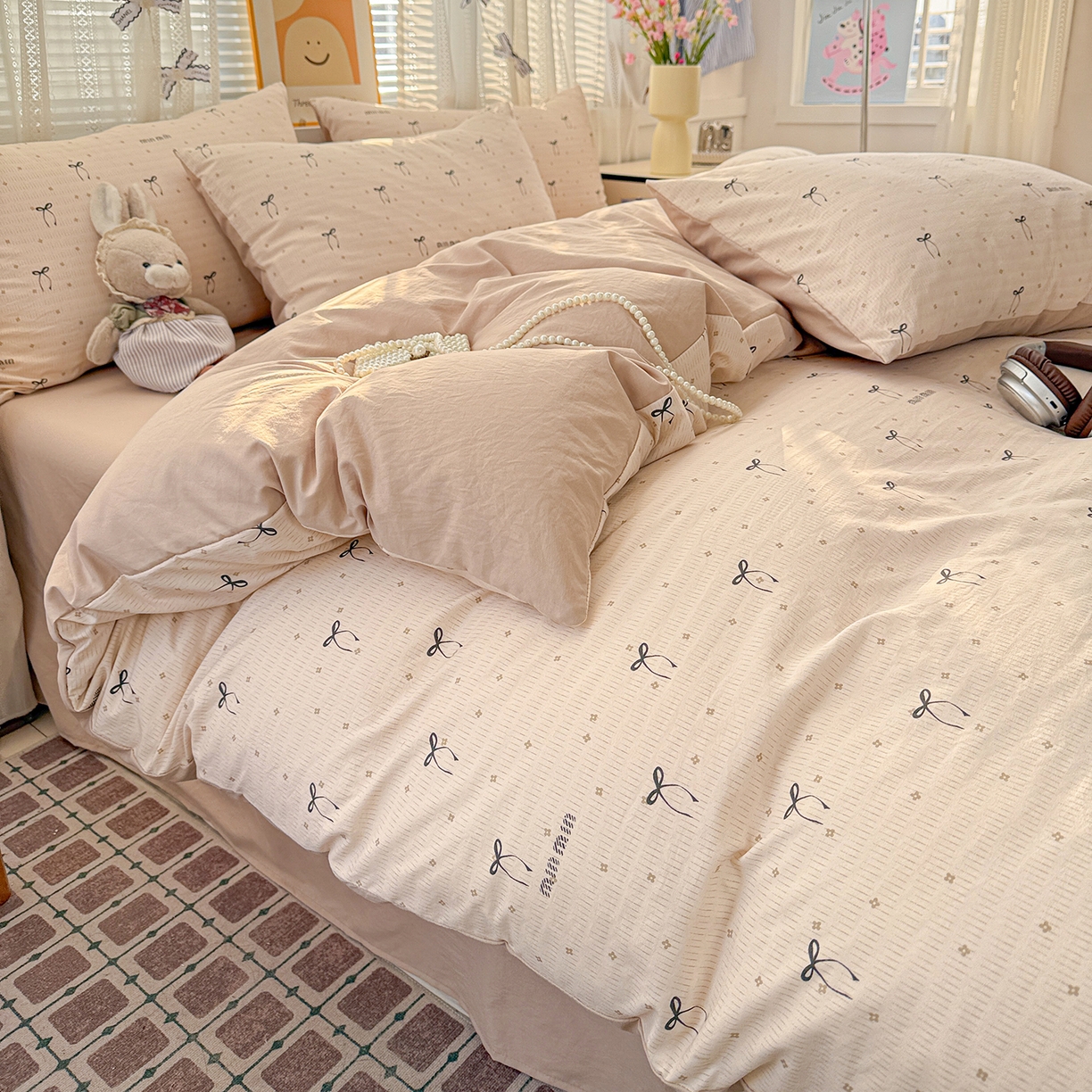 91家纺网 家纺一手货源 找家纺 名品家纺 2026新款古法水洗仿棉云感纱四件套 提供买家秀 蝴蝶结