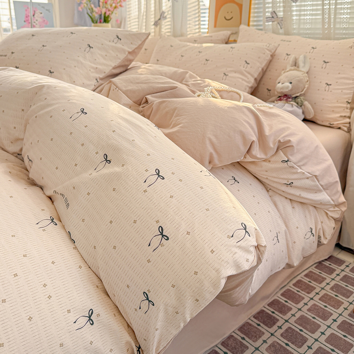 91家纺网 家纺一手货源 找家纺 名品家纺 2026新款古法水洗仿棉云感纱四件套 提供买家秀 蝴蝶结