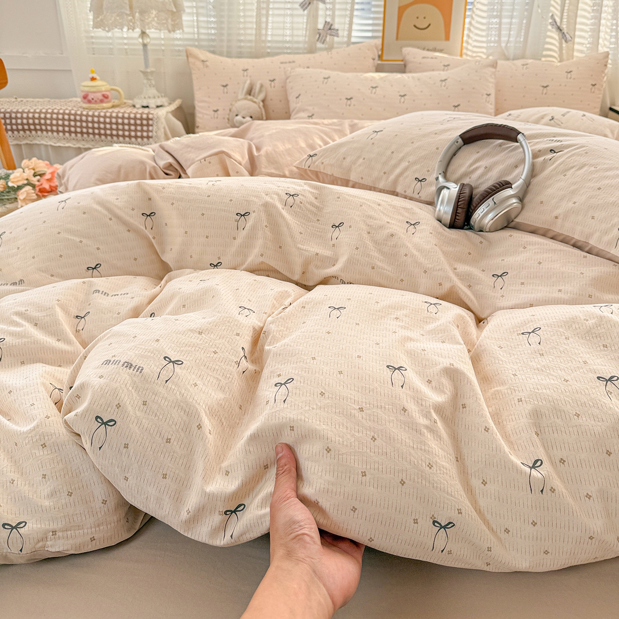 91家纺网 家纺一手货源 找家纺 名品家纺 2026新款古法水洗仿棉云感纱四件套 提供买家秀 蝴蝶结