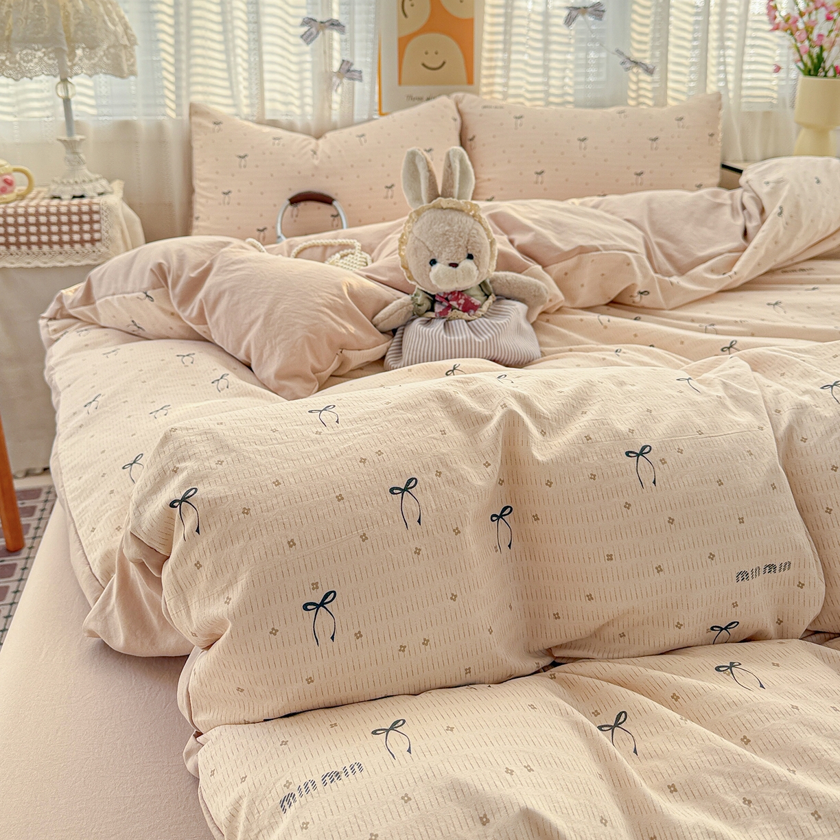 91家纺网 家纺一手货源 找家纺 名品家纺 2026新款古法水洗仿棉云感纱四件套 提供买家秀 蝴蝶结