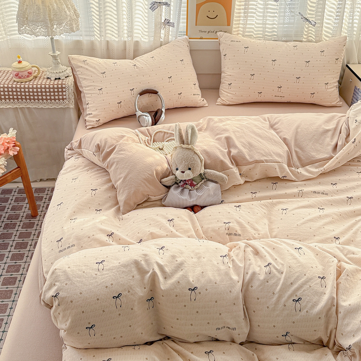 91家纺网 家纺一手货源 找家纺 名品家纺 2026新款古法水洗仿棉云感纱四件套 提供买家秀 蝴蝶结