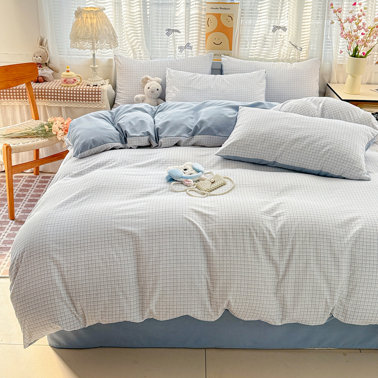 91家纺网 家纺一手货源 找家纺 名品家纺 2026新款古法水洗仿棉云感纱四件套 提供买家秀 蓝小格