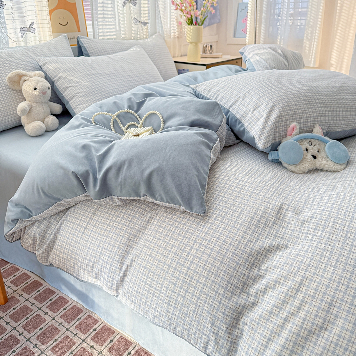 91家纺网 家纺一手货源 找家纺 名品家纺 2026新款古法水洗仿棉云感纱四件套 提供买家秀 蓝小格