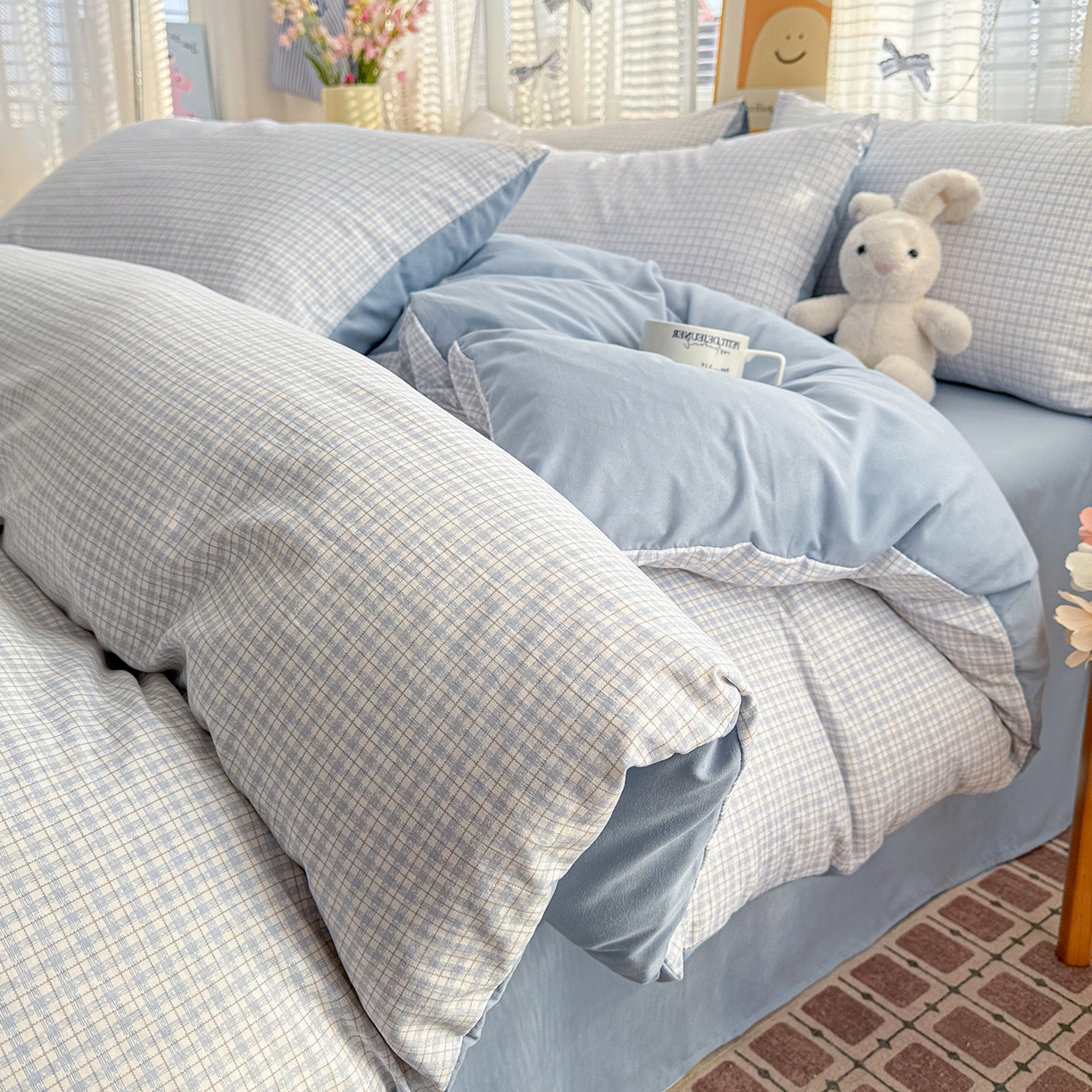 91家纺网 家纺一手货源 找家纺 名品家纺 2026新款古法水洗仿棉云感纱四件套 提供买家秀 蓝小格