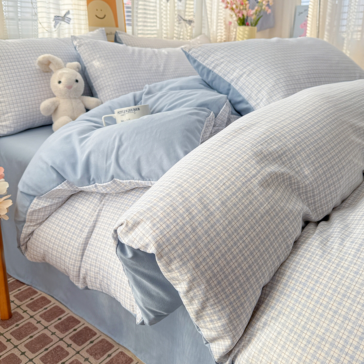 91家纺网 家纺一手货源 找家纺 名品家纺 2026新款古法水洗仿棉云感纱四件套 提供买家秀 蓝小格