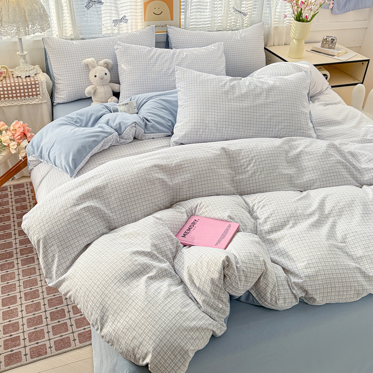 91家纺网 家纺一手货源 找家纺 名品家纺 2026新款古法水洗仿棉云感纱四件套 提供买家秀 蓝小格