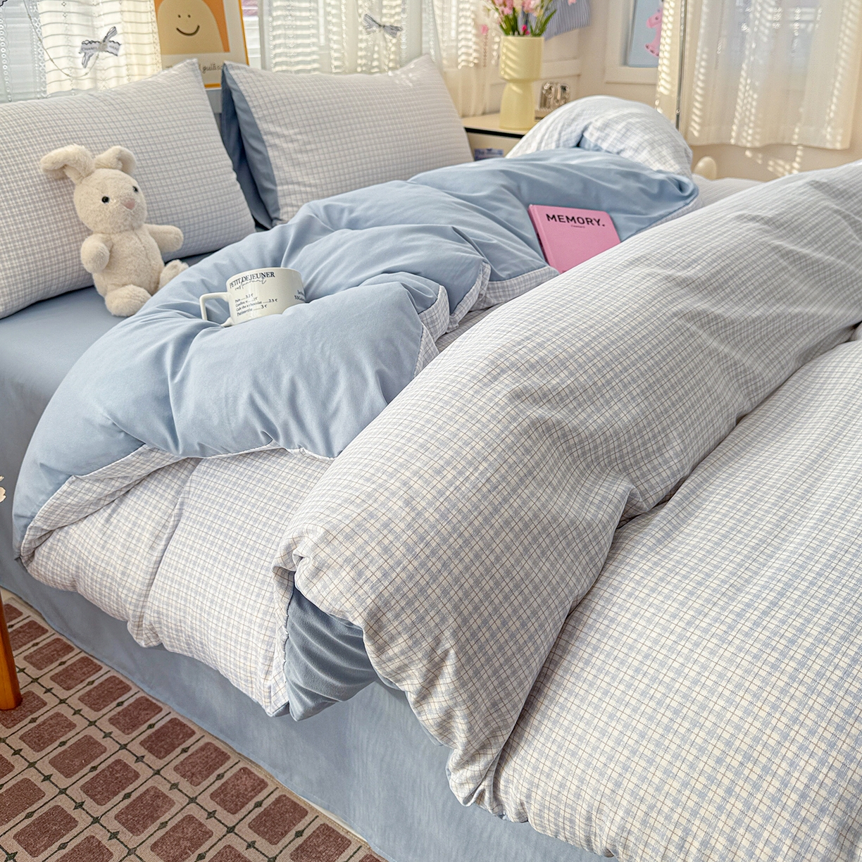 91家纺网 家纺一手货源 找家纺 名品家纺 2026新款古法水洗仿棉云感纱四件套 提供买家秀 蓝小格