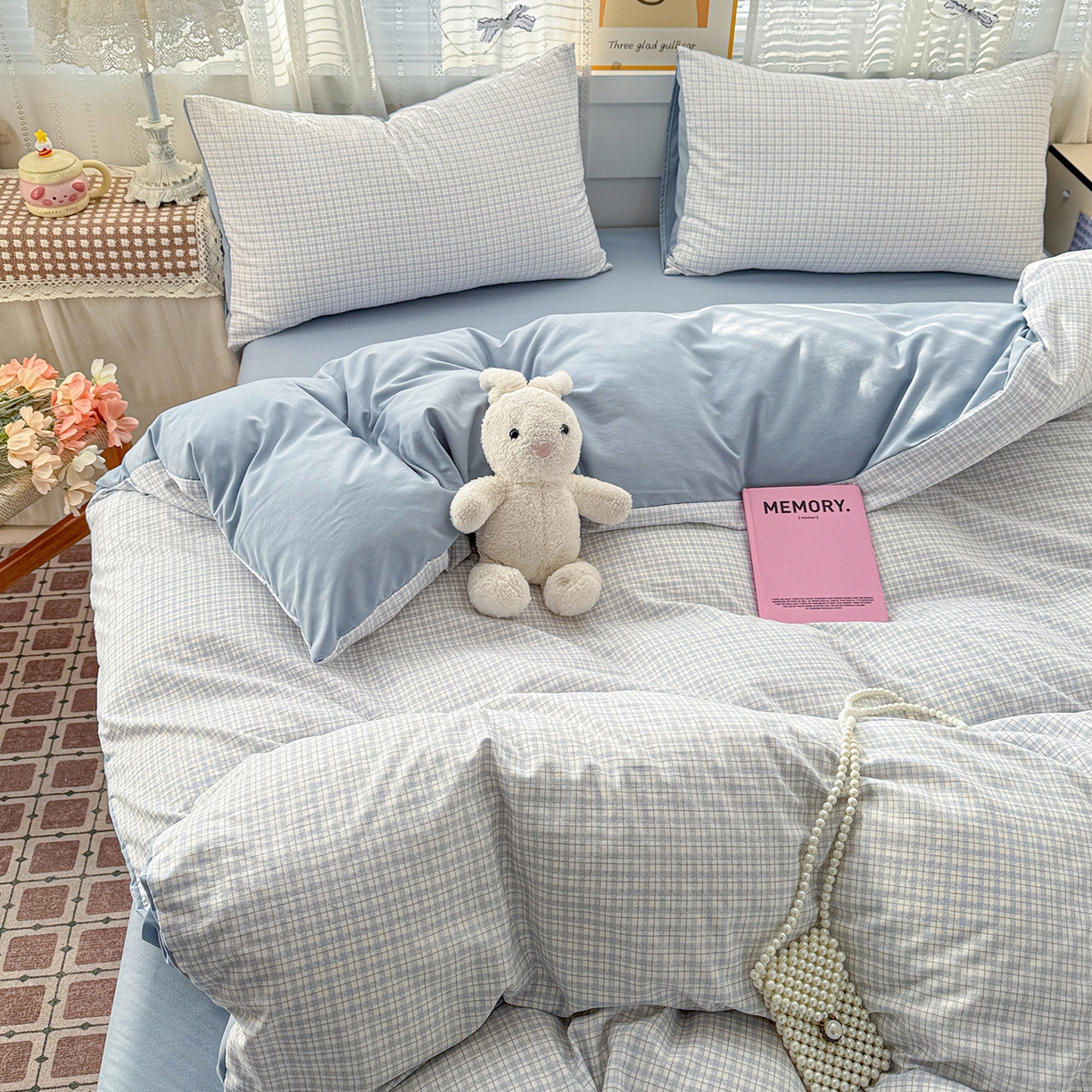 91家纺网 家纺一手货源 找家纺 名品家纺 2026新款古法水洗仿棉云感纱四件套 提供买家秀 蓝小格