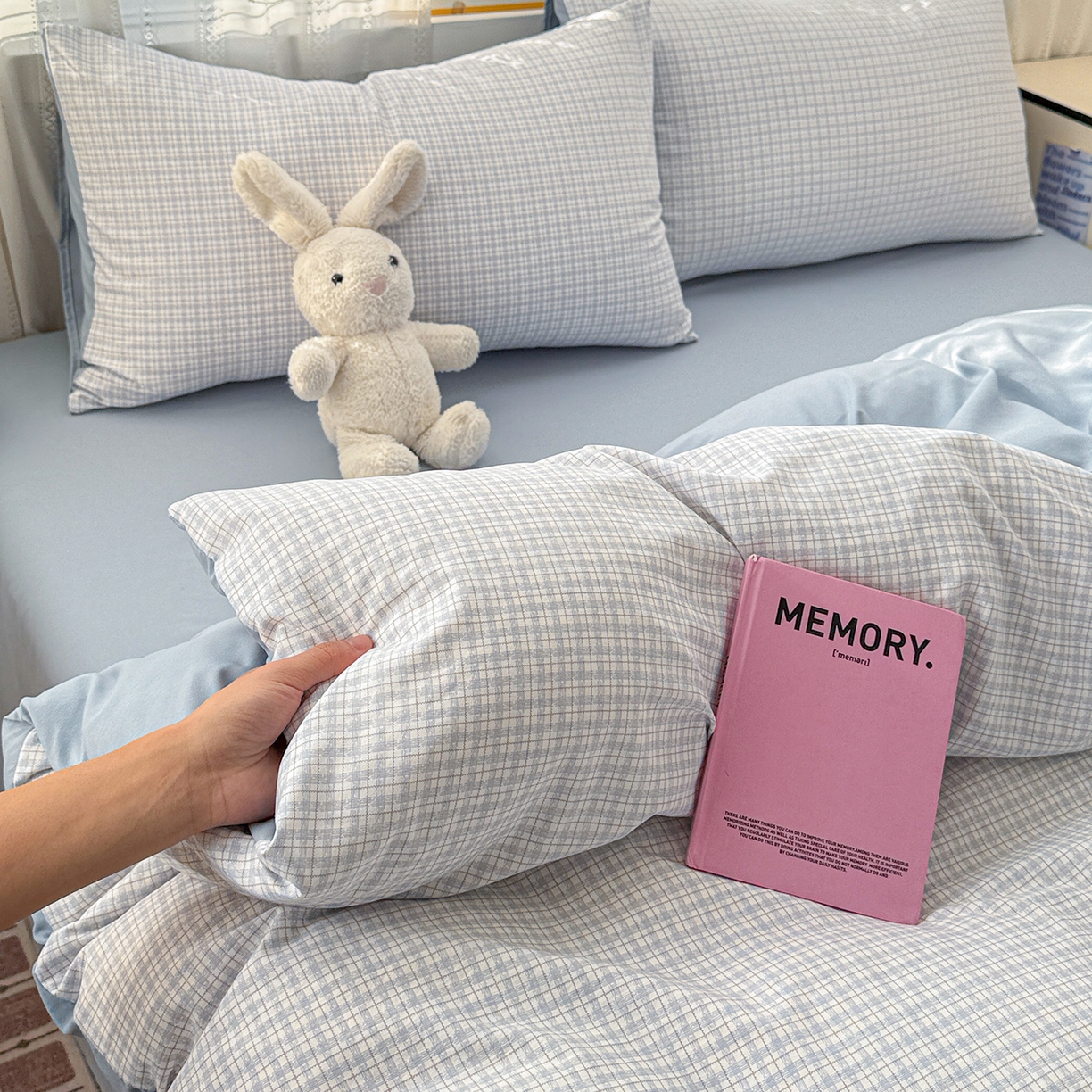 91家纺网 家纺一手货源 找家纺 名品家纺 2026新款古法水洗仿棉云感纱四件套 提供买家秀 蓝小格