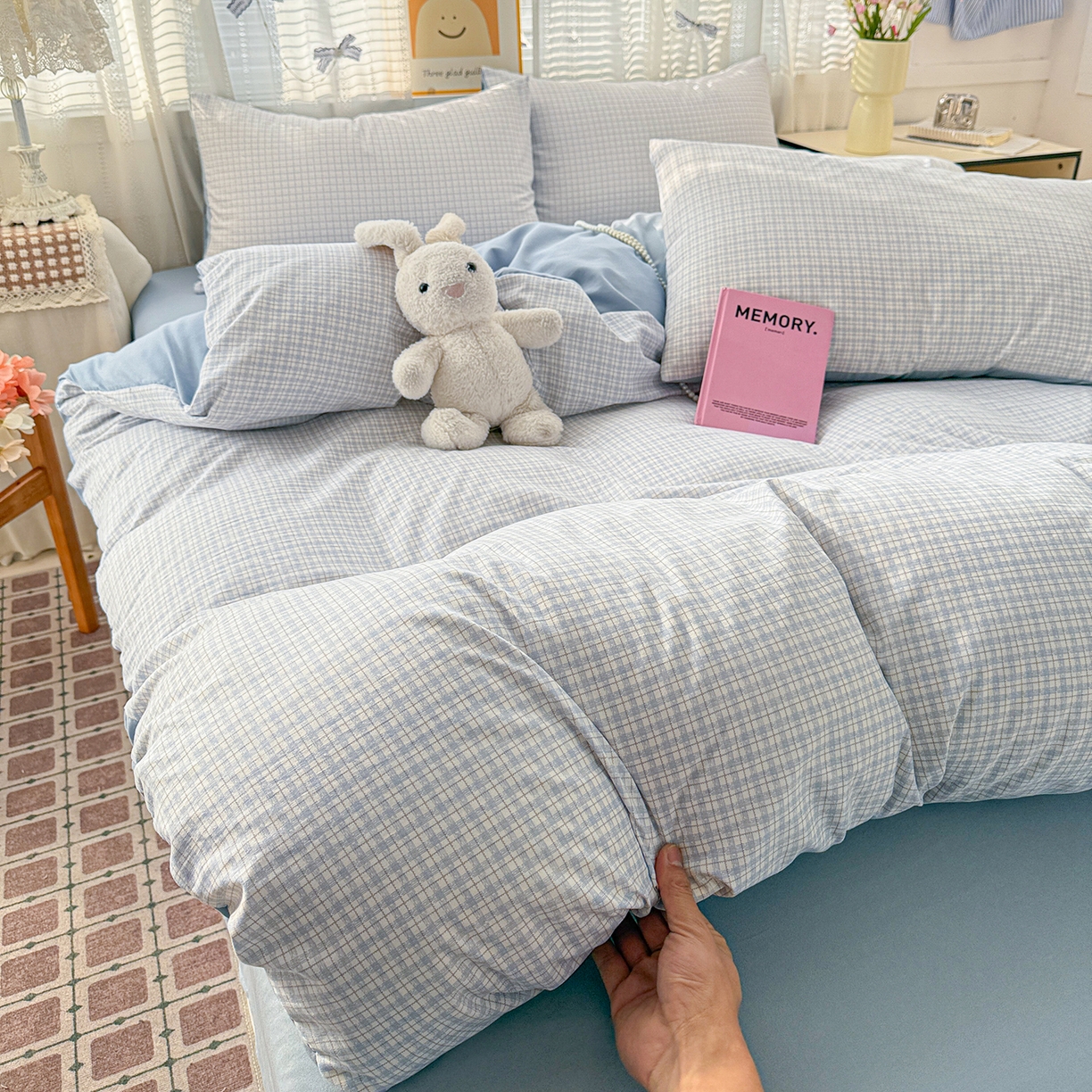 91家纺网 家纺一手货源 找家纺 名品家纺 2026新款古法水洗仿棉云感纱四件套 提供买家秀 蓝小格