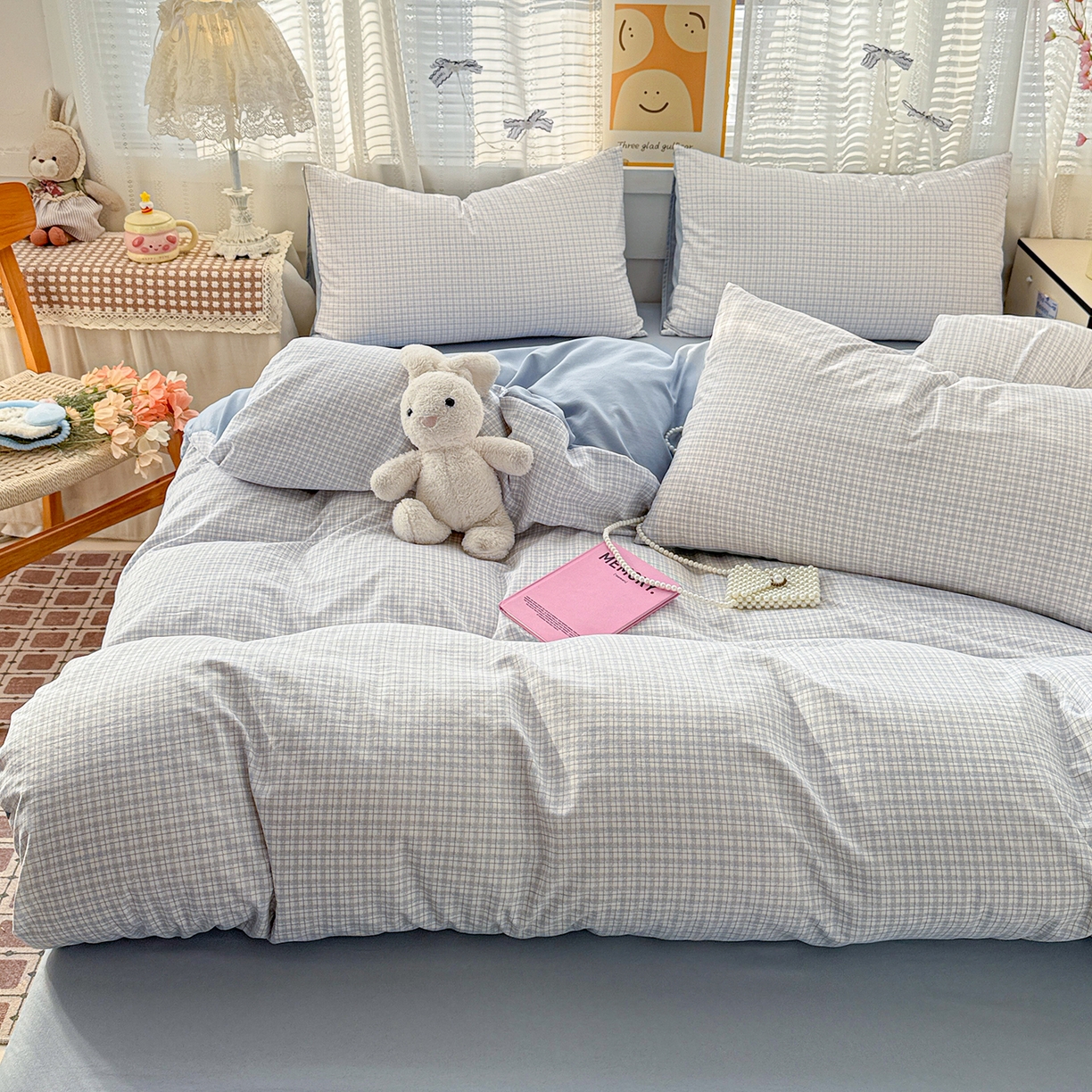 91家纺网 家纺一手货源 找家纺 名品家纺 2026新款古法水洗仿棉云感纱四件套 提供买家秀 蓝小格