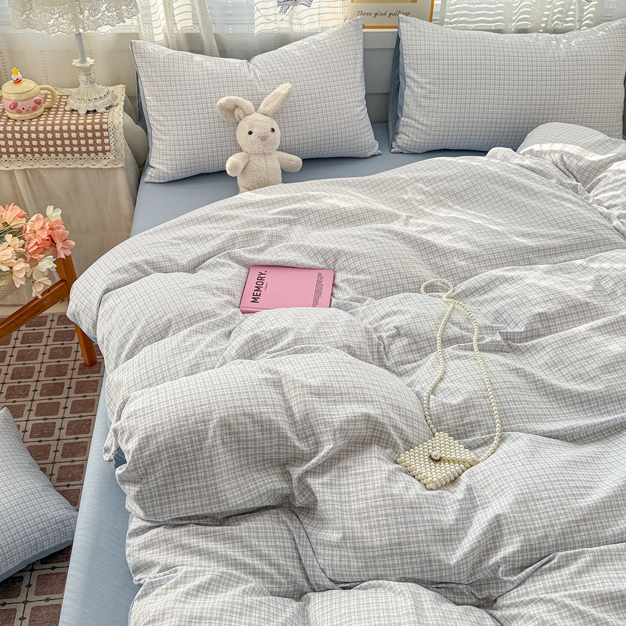 91家纺网 家纺一手货源 找家纺 名品家纺 2026新款古法水洗仿棉云感纱四件套 提供买家秀 蓝小格