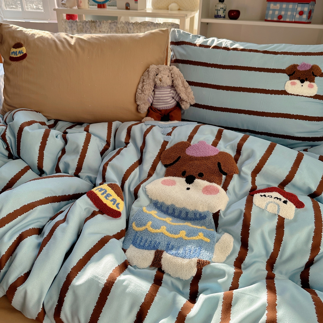 91家纺网 家纺一手货源 找家纺 初念 2026新款2026超软糯可爱系毛巾绣四件套系列提供买家秀 小狗的屋