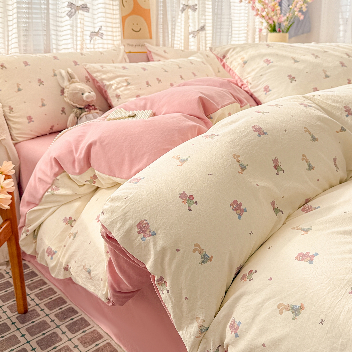 91家纺网 家纺一手货源 找家纺 名品家纺 2026新款古法水洗仿棉云感纱四件套 提供买家秀 甜心兔