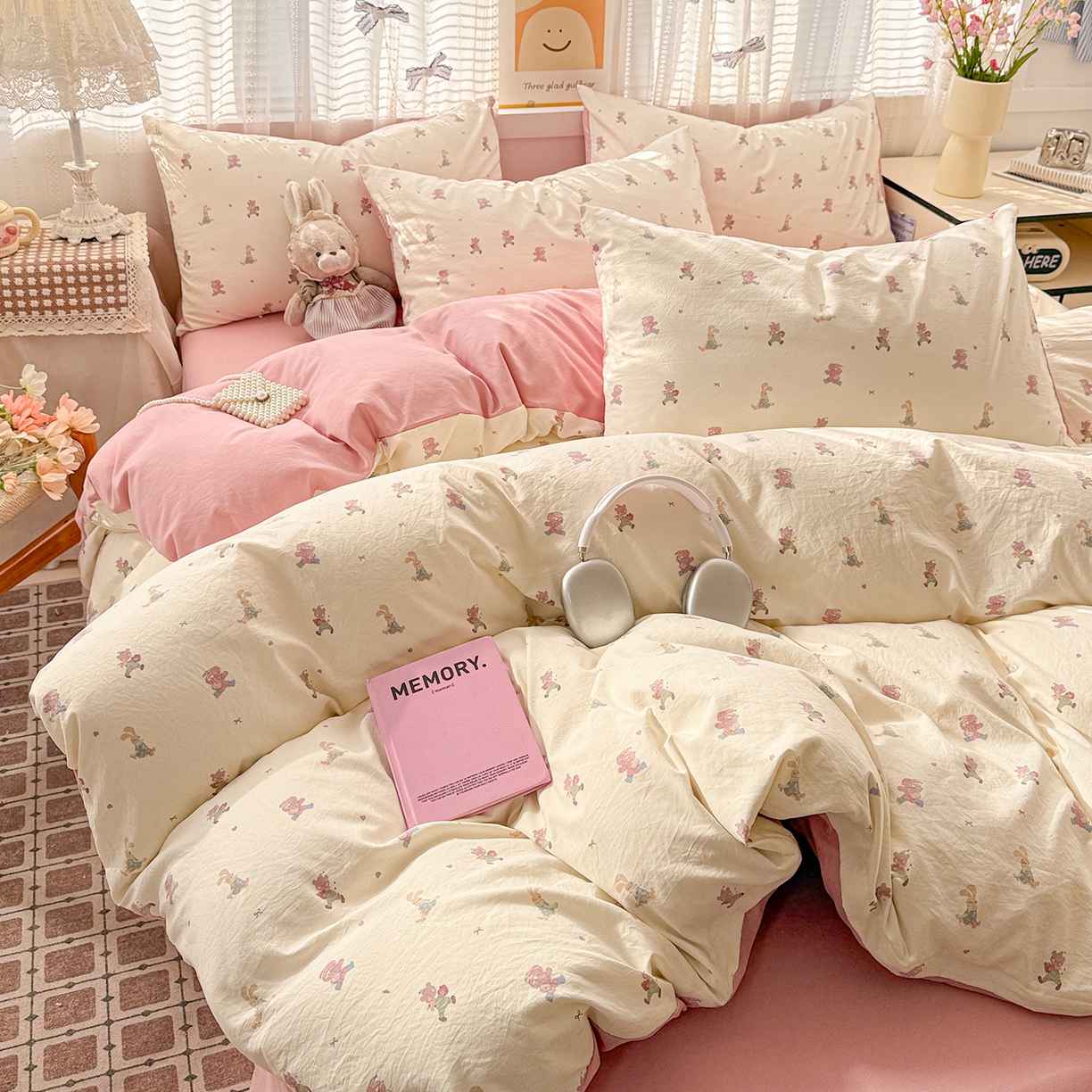 91家纺网 家纺一手货源 找家纺 名品家纺 2026新款古法水洗仿棉云感纱四件套 提供买家秀 甜心兔