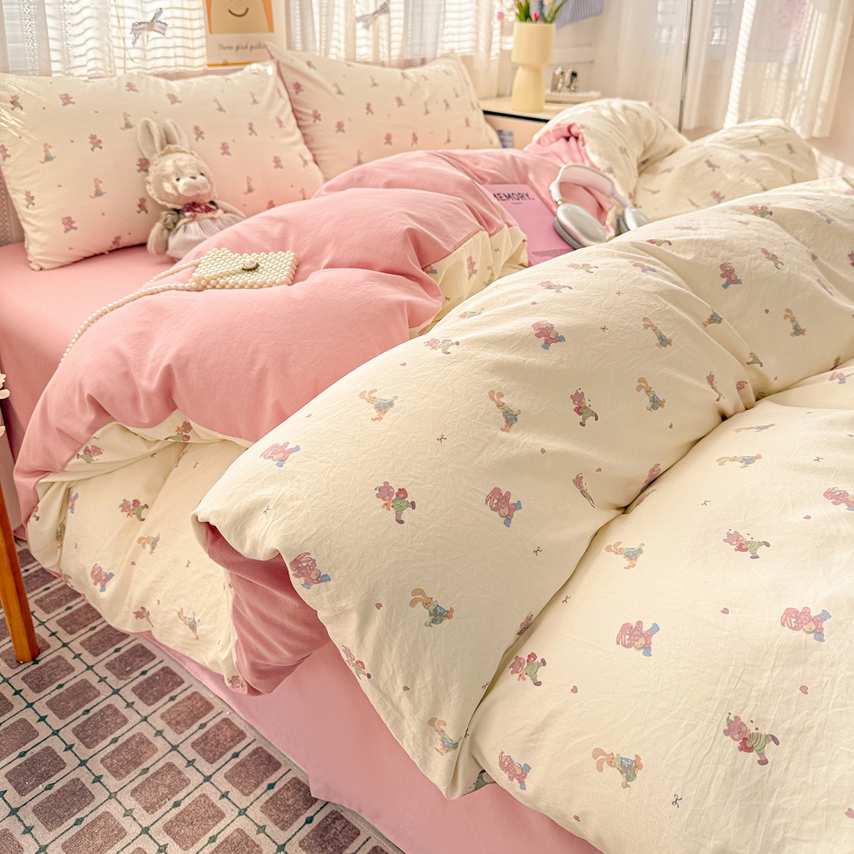 91家纺网 家纺一手货源 找家纺 名品家纺 2026新款古法水洗仿棉云感纱四件套 提供买家秀 甜心兔