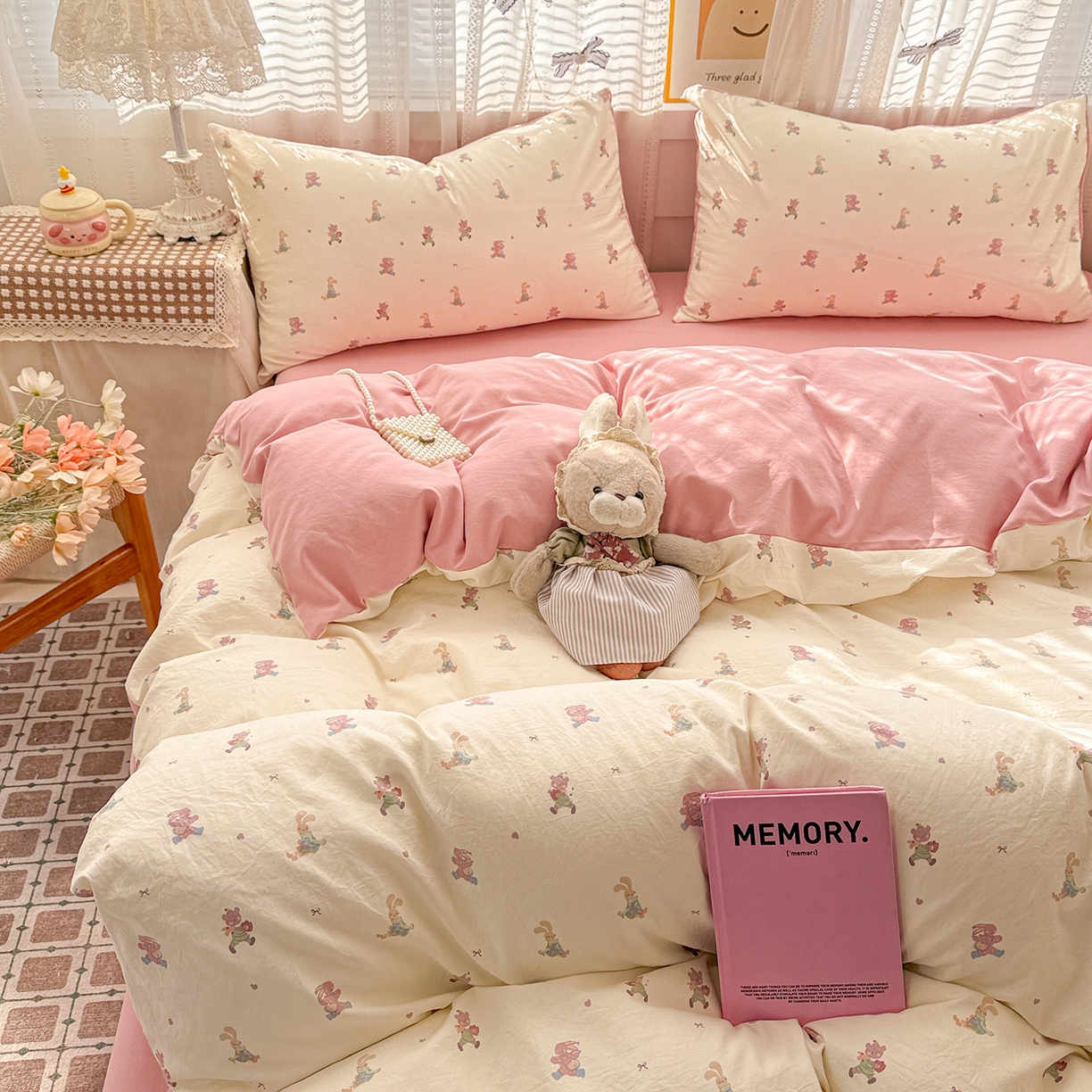 91家纺网 家纺一手货源 找家纺 名品家纺 2026新款古法水洗仿棉云感纱四件套 提供买家秀 甜心兔