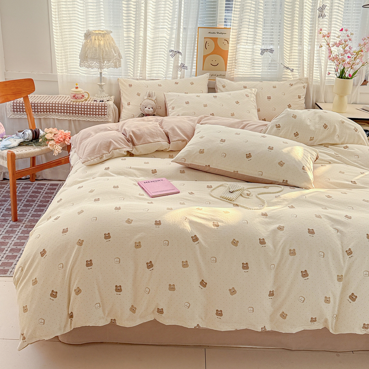 91家纺网 家纺一手货源 找家纺 名品家纺 2026新款古法水洗仿棉云感纱四件套 提供买家秀 吐司小熊